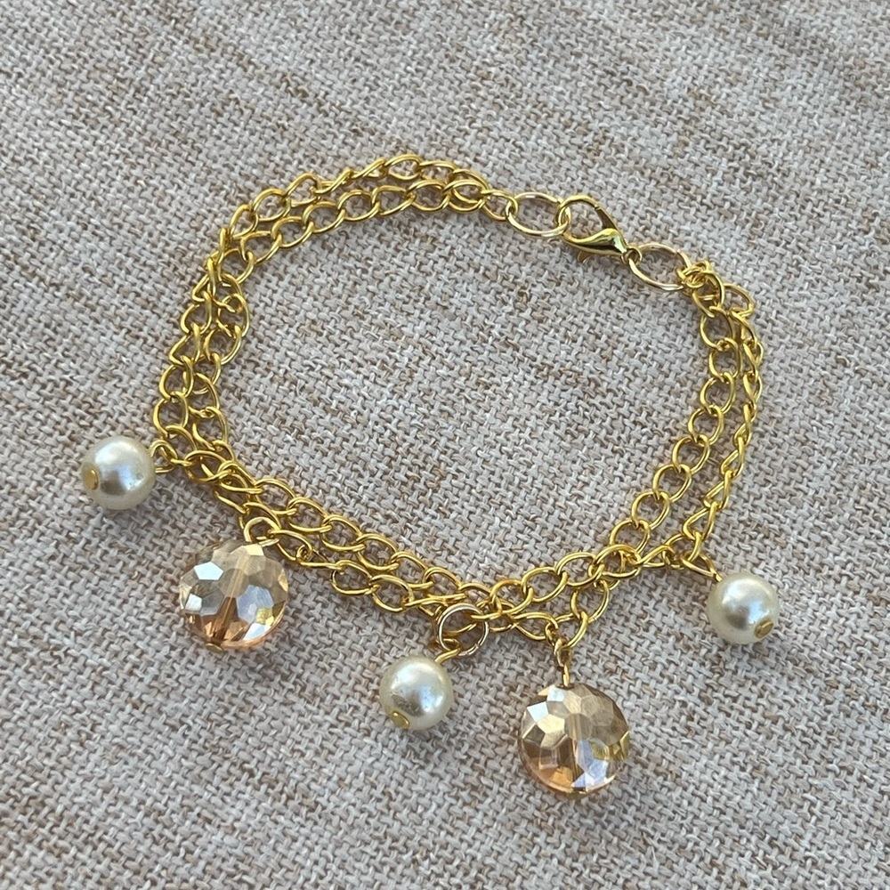 14k Gold PVD Chain Bracelet Hand Crafted with Pearls and Crystals